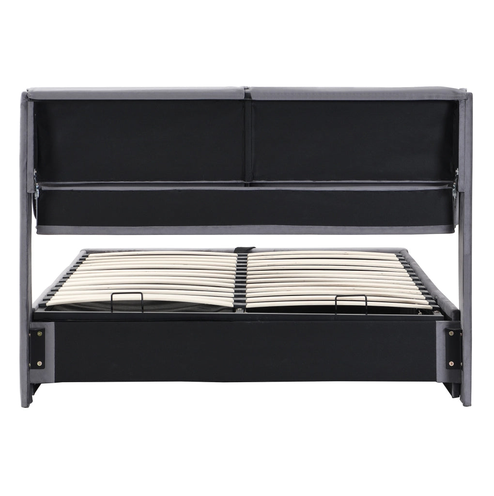 Letto imbottito in velluto grigio 140 x 200 cm con contenitore e cassetti