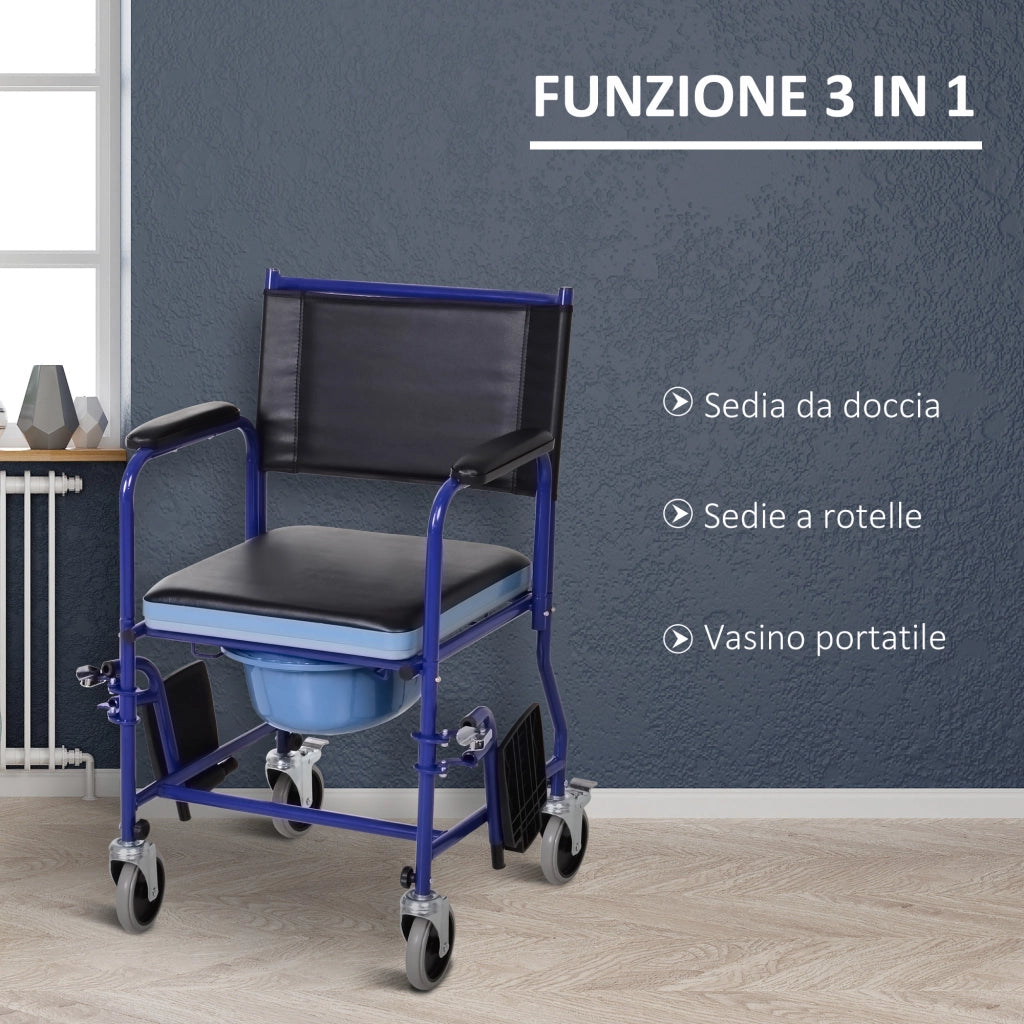 Sedia a Rotelle Bagno con Vaso Rimovibile in Tubi di Ferro e PVC 87 x 57 x 92cm