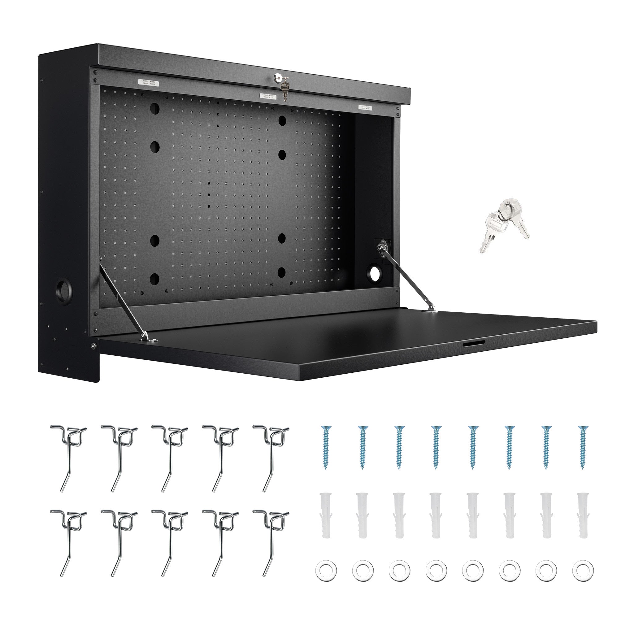 Banco da lavoro pieghevole a parete, portata fino a 50 kg, tavolo richiudibile con pannello porta attrezzi forato, in acciaio, 91,2 x 69 x 61 cm, con 2 chiavi, ideale per officine e garage