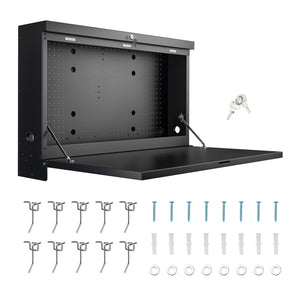 Banco da lavoro pieghevole a parete, portata fino a 50 kg, tavolo richiudibile con pannello porta attrezzi forato, in acciaio, 91,2 x 69 x 61 cm, con 2 chiavi, ideale per officine e garage