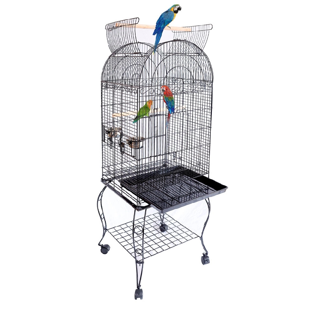 Gabbia Voliera Uccelli Pappagalli Tetto Apribile 4ruote Nera 150cm con Accessori