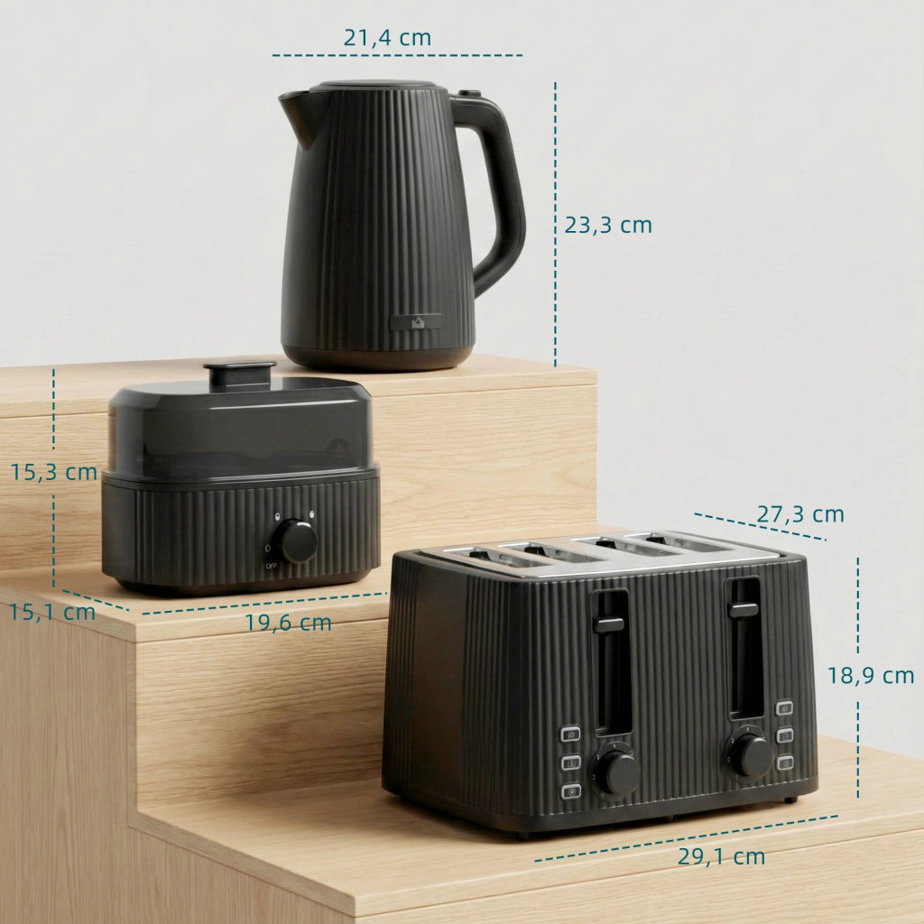 Set Colazione Elettrico - Xylo - Bollitore 1,7L + Tostapane 4 Fette + Cuociuova 6 Uova Nero