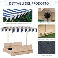 Sabbiera per Bambini in Legno con Tettuccio Parasole, Panca e Coperchio, 106x106x115 cm Bianco e Blu