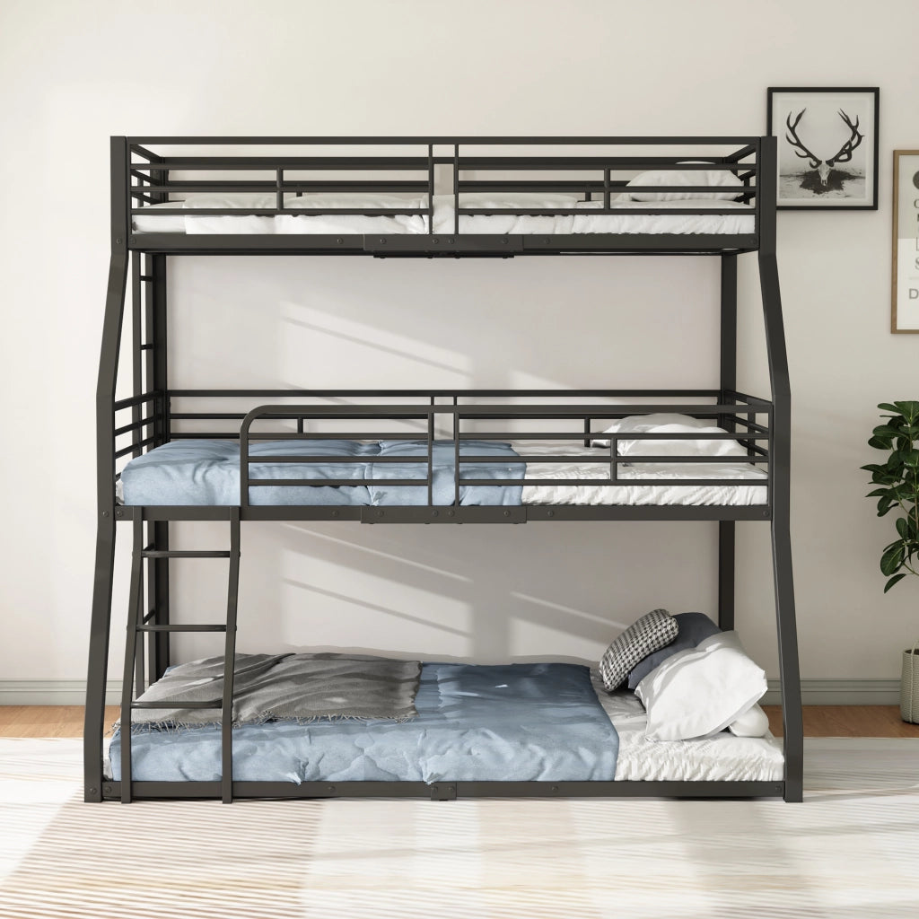 Letto a Castello Triplo 3 Posti con 2 Scale e Sponde; 90×200 cm; senza Materasso; in Metallo; Nero