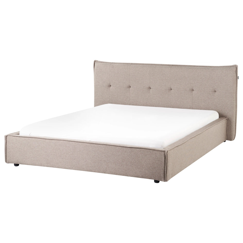Letto ad acqua king size UE con rivestimento in tessuto di lino tortora e gambe nere 160 x 200 cm con testiera e struttura a doghe per camera da letto.