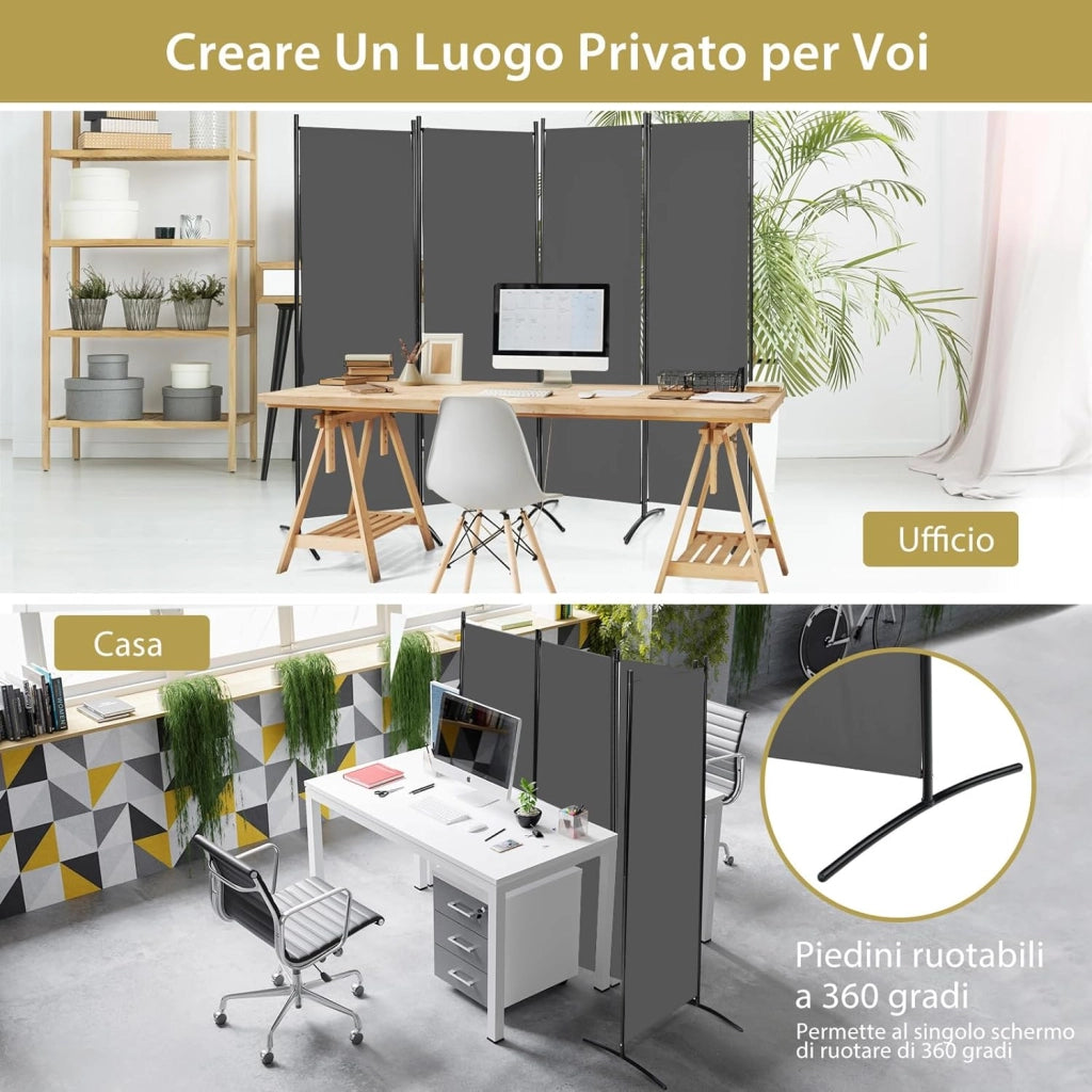 Paravento da Interno in Metallo, Separé Divisorio Interno Pieghevole con Piedini Stabili, Pannelli Divisori per Interni per Casa e Ufficio (Grigio, 220 x 173 cm (4 Pannelli))