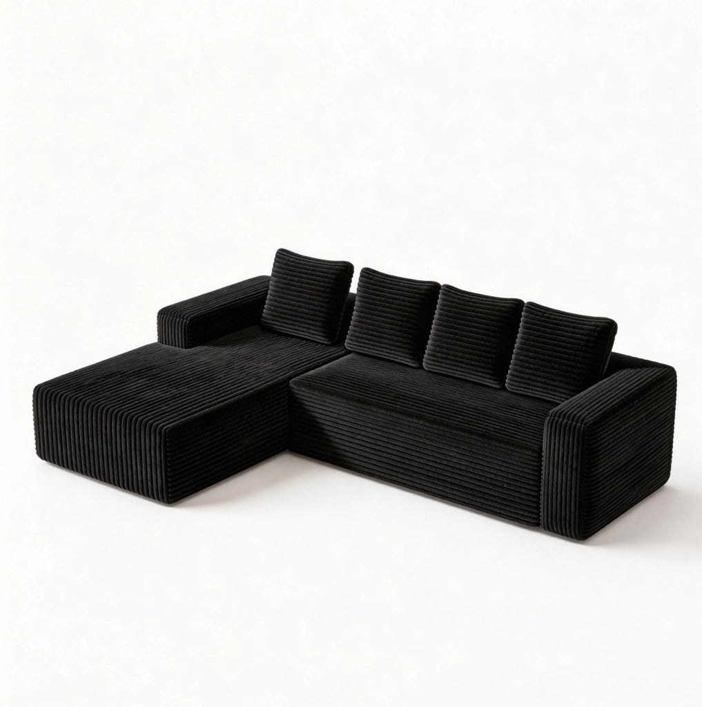Divano modulare 3 in 1 in corduroy nero e blu; 280x180x65 cm; in schiuma e molle