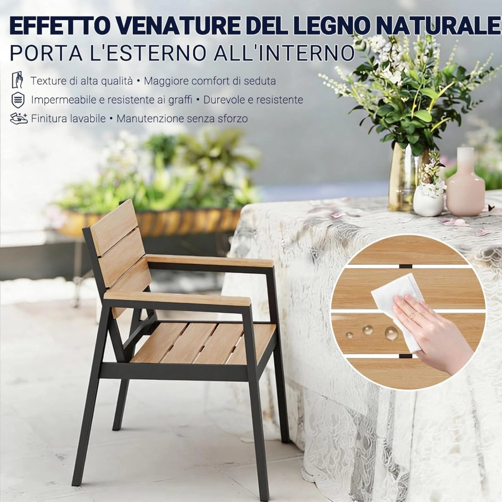 Sedie da Giardino Set di 4, Sedie da Esterno Alluminio Resistenti e Impermeabili con Finitura a Vena di Legno, Seduta di Dimensione Maggiorata che Supporta 160 kg, Facili da Pulire, Naturale