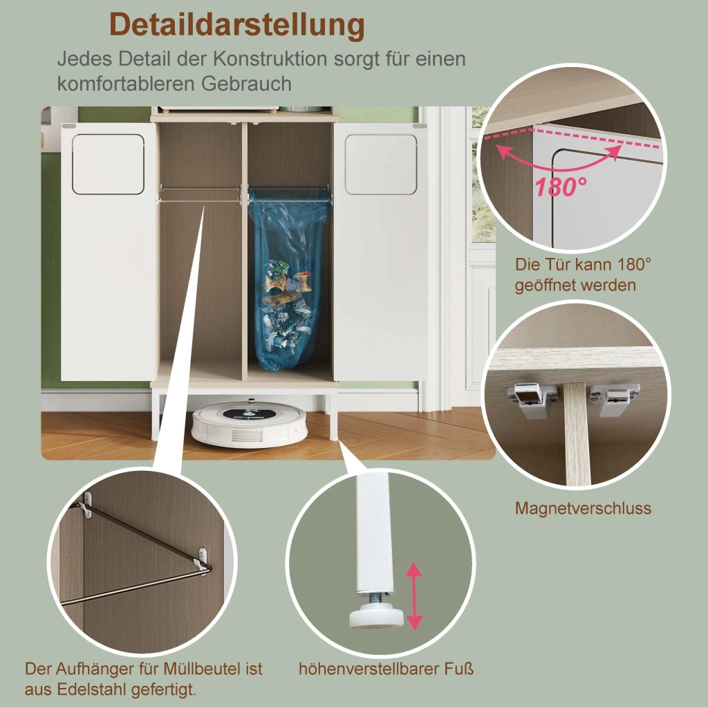 Dispensa alta con vano rifiuti e vano microonde, ripiani regolabili per cucina, in MDF bianco e legno, 53 × 35 × 181 cm