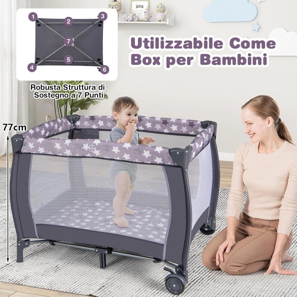 3 In 1 Lettino da Campeggio per Bambini, Lettino con Materasso Portatile per Neonati, Culla Pieghevole per Neonati con Fasciatoio, Carillon e Ruote con Freno, per Bambini 0-36 Mesi (Grigio)