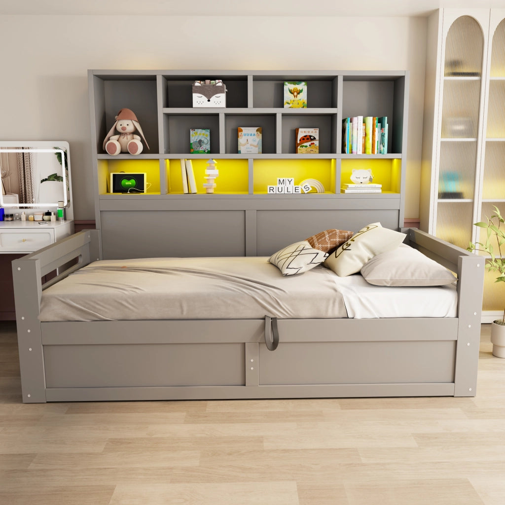 Letto contenitore 90x200 cm con sollevamento idraulico; LED; USB e ripiani portaoggetti; MDF grigio