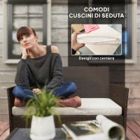 Set da Giardino 4 Pezzi con Divano 2 Posti, 2 Sedie e Tavolino Basso, in Rattan e Acciaio, Beige e Marrone