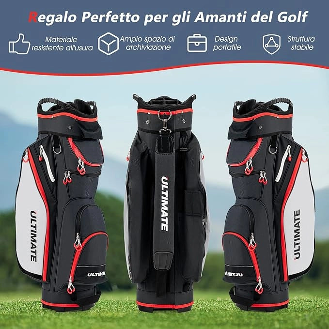Borsa da Golf Leggera e di Grande Capacità, Sacca da Golf con 14 Divisori, 8 Tasche, Cappuccio Antipioggia, Tracolla, Borsa Termica per Bevande, Ideale per Uomini e Donne (Nero)