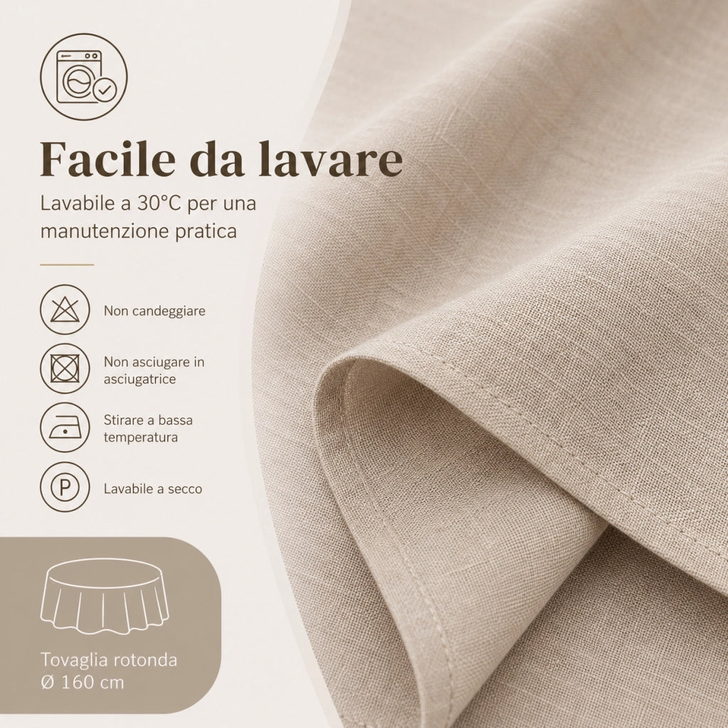Tovaglia rotonda 160 cm colore grigio; tessuto effetto lino idrorepellente; lavabile in lavatrice; design moderno per tavolo da pranzo interno