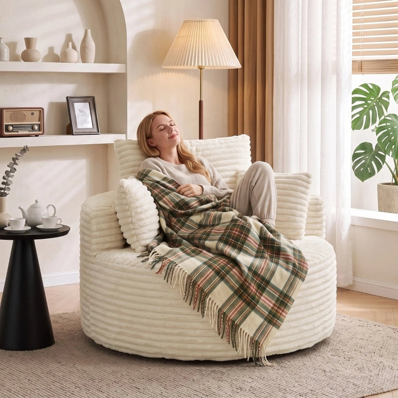 Fauteuil in tessuto a coste con seduta extra ampia e profonda senza telaio e 4 cuscini, crema 250 kg