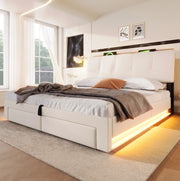 Letto contenitore 140x200 cm; con USB e LED; lino beige (Senza materasso)