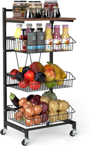 Carrello portaoggetti a 4 livelli, carrello da cucina con piano in legno, 3 cestini in metallo, telaio in metallo a 'W', carico totale 40 KG, mobile portaoggetti per cucina, camera da letto