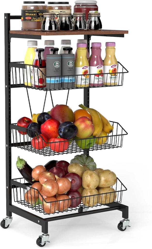 Carrello portaoggetti a 4 livelli, carrello da cucina con piano in legno, 3 cestini in metallo, telaio in metallo a 'W', carico totale 40 KG, mobile portaoggetti per cucina, camera da letto