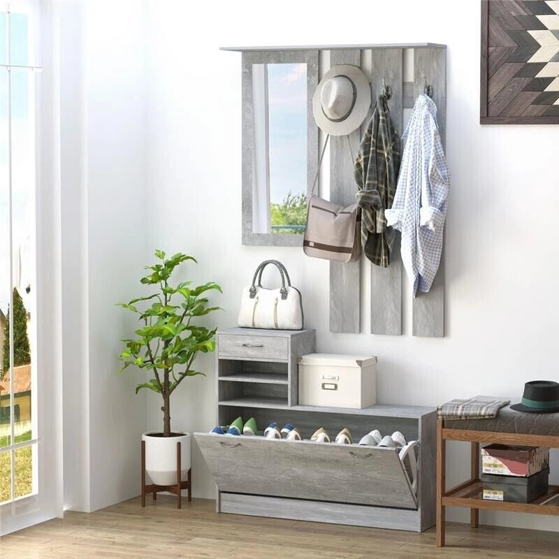 MOBILE GUARDAROBA CON SPECCHIO APPENDIABITI E SCARPIERA 90X22X116 CM GRIGIO