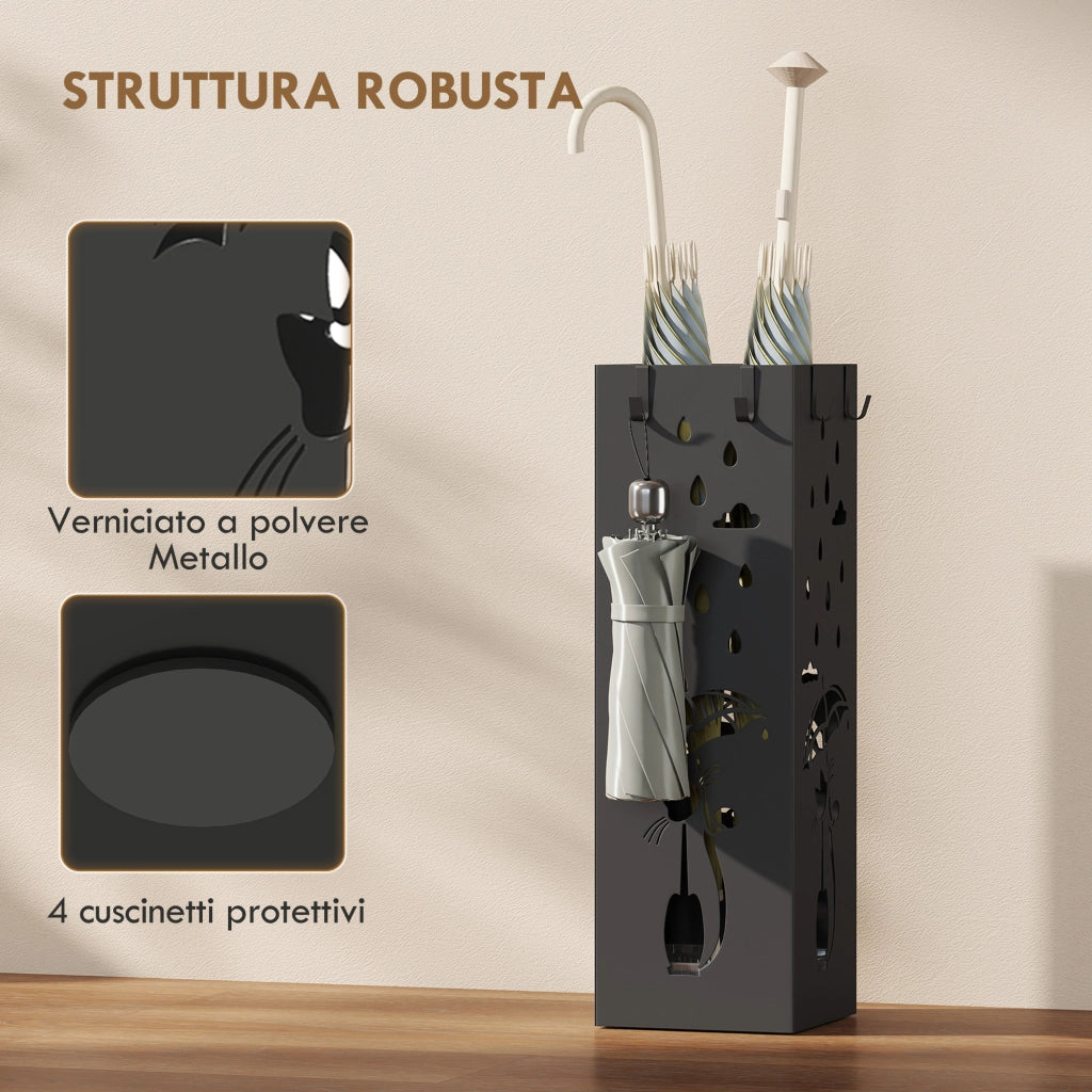 Portaombrelli con Vassoio e Ganci ¨C zephmum ¨C Nero, Metallo, 15.5x15.5x49 cm