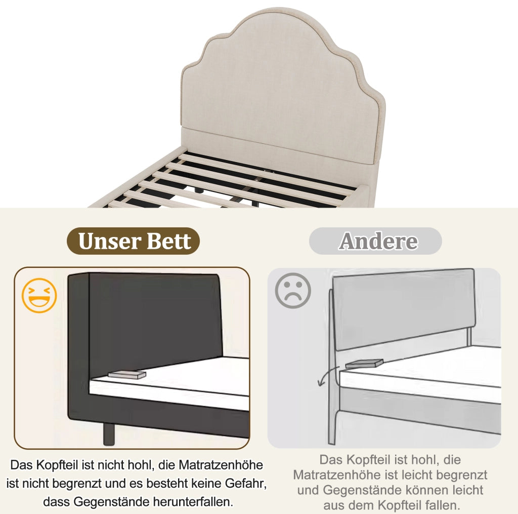 Letto singolo 90x200 cm con testiera imbottita; lino; beige