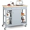 Carrello da Cucina con Piano in Legno di Gomma, 4 Ripiani Aperti 2 Cassetti e 1 Armadietto Chiuso, Carrello da Servizio con Ruote per Cucina Ristorante Bar, 99x46x90 cm (Grigio)