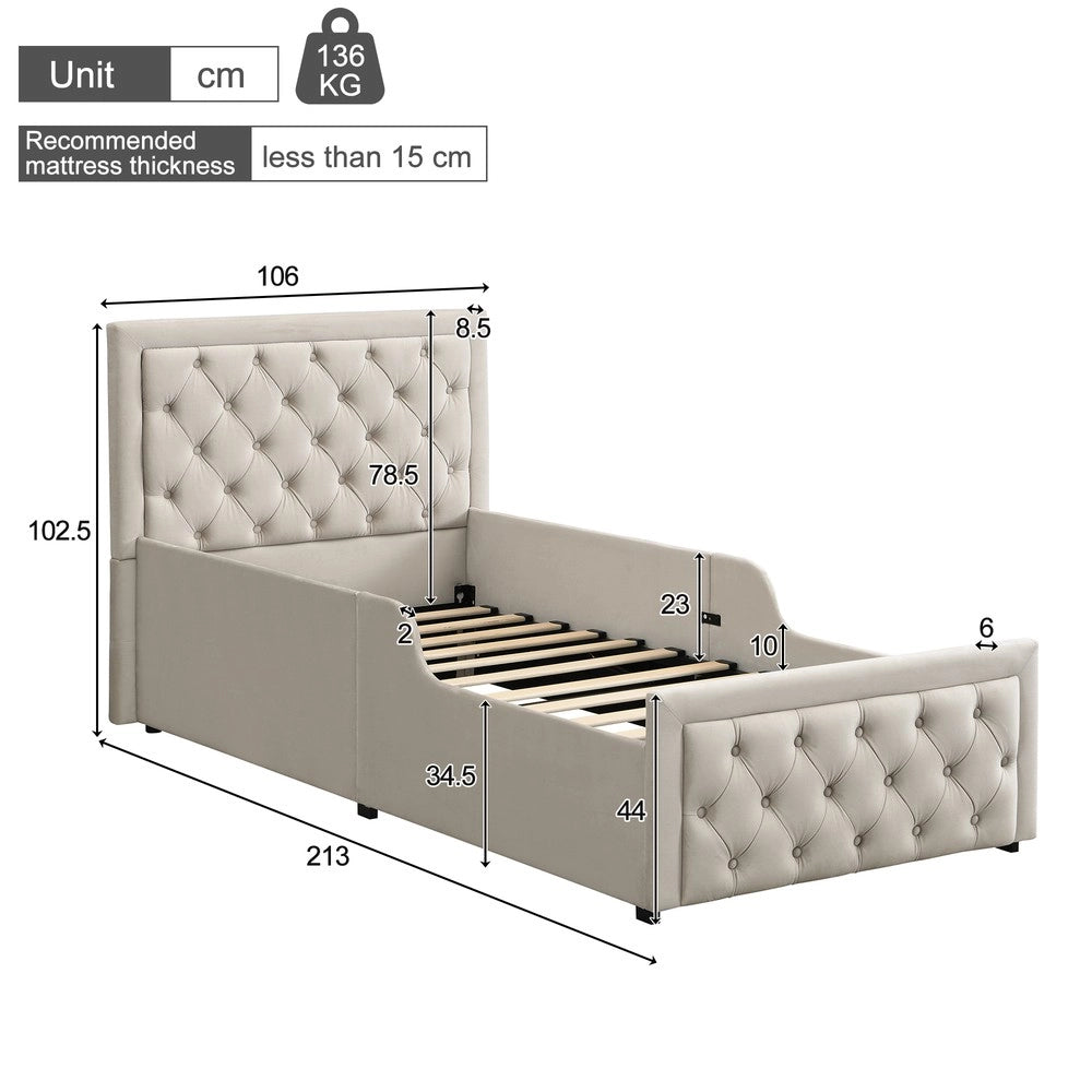 Letto Singolo Imbottito Contenitore ¨C Xylo ¨C Velluto Beige 90x200 con Rete a Doghe