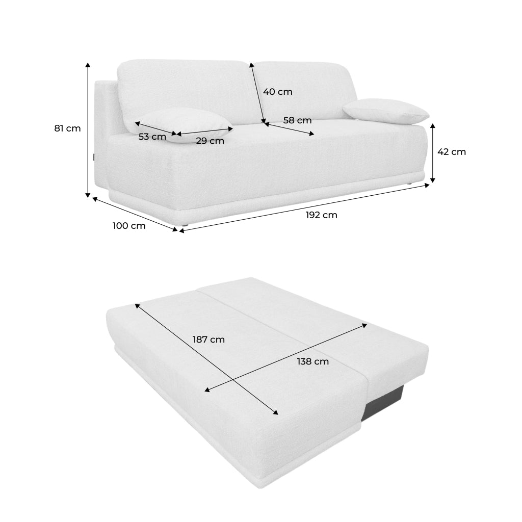 Divano letto bouclé, 3 posti, bianco sporco