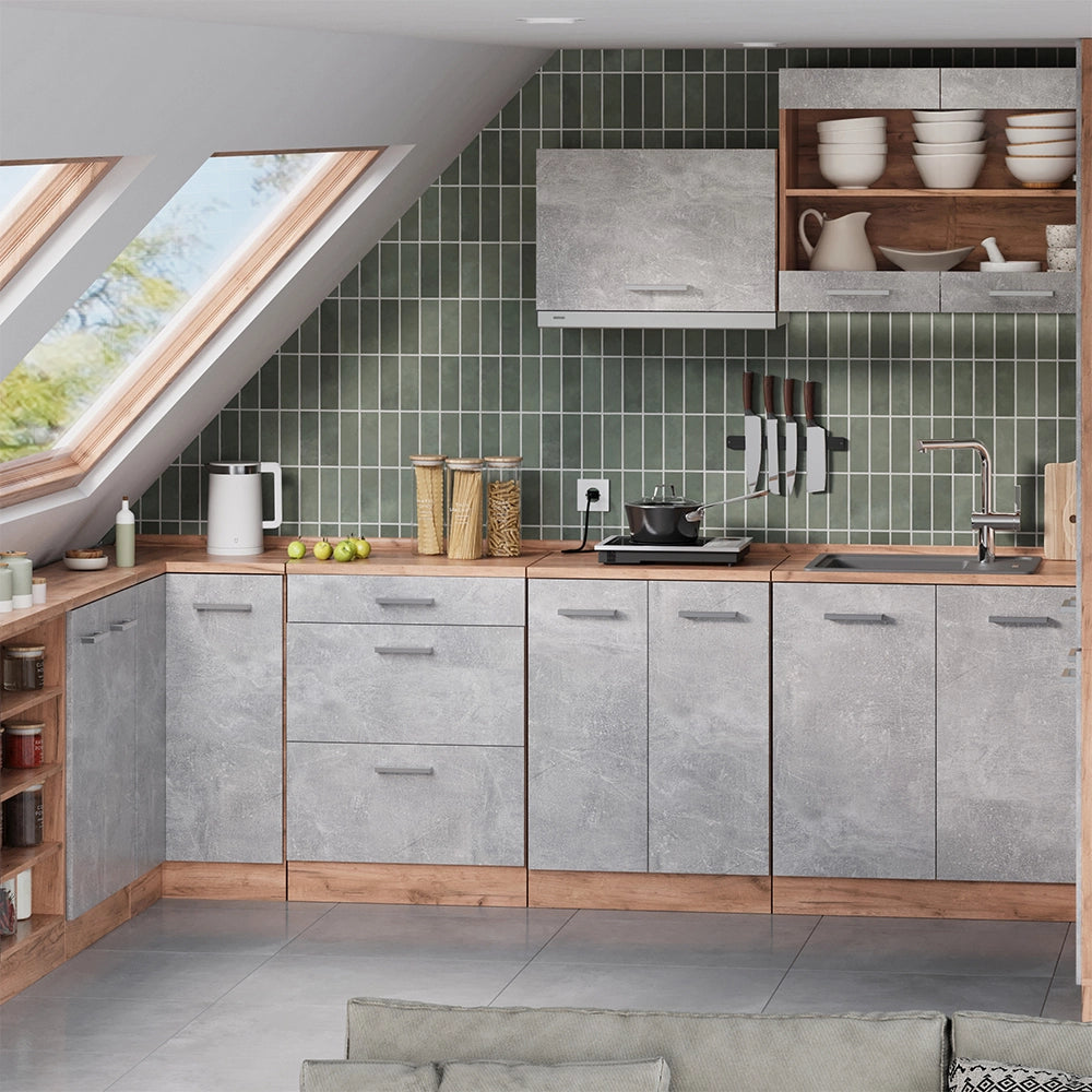 Mobile cucina sottotetto R-Line Calcestruzzo/Rovere dorato 60 cm senza inclinazione con 2 ante Vicco