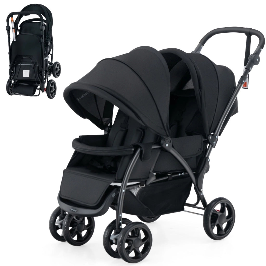 Passeggino doppio pieghevole per bambini con seduta in tandem e tettuccio, Passeggino portatile per bambini Nero-Passeggini per bimbi