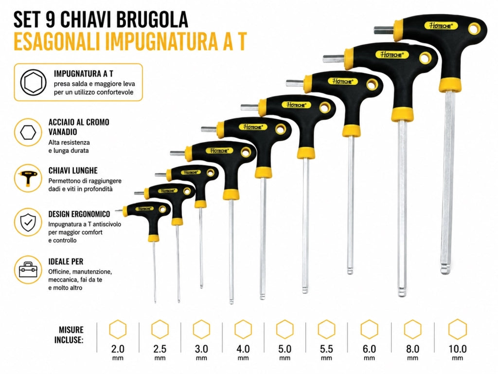 Set Chiavi A T Esagonali Lunghe Forate 9Pz Chiave A Brugola Impugnatura T 261608