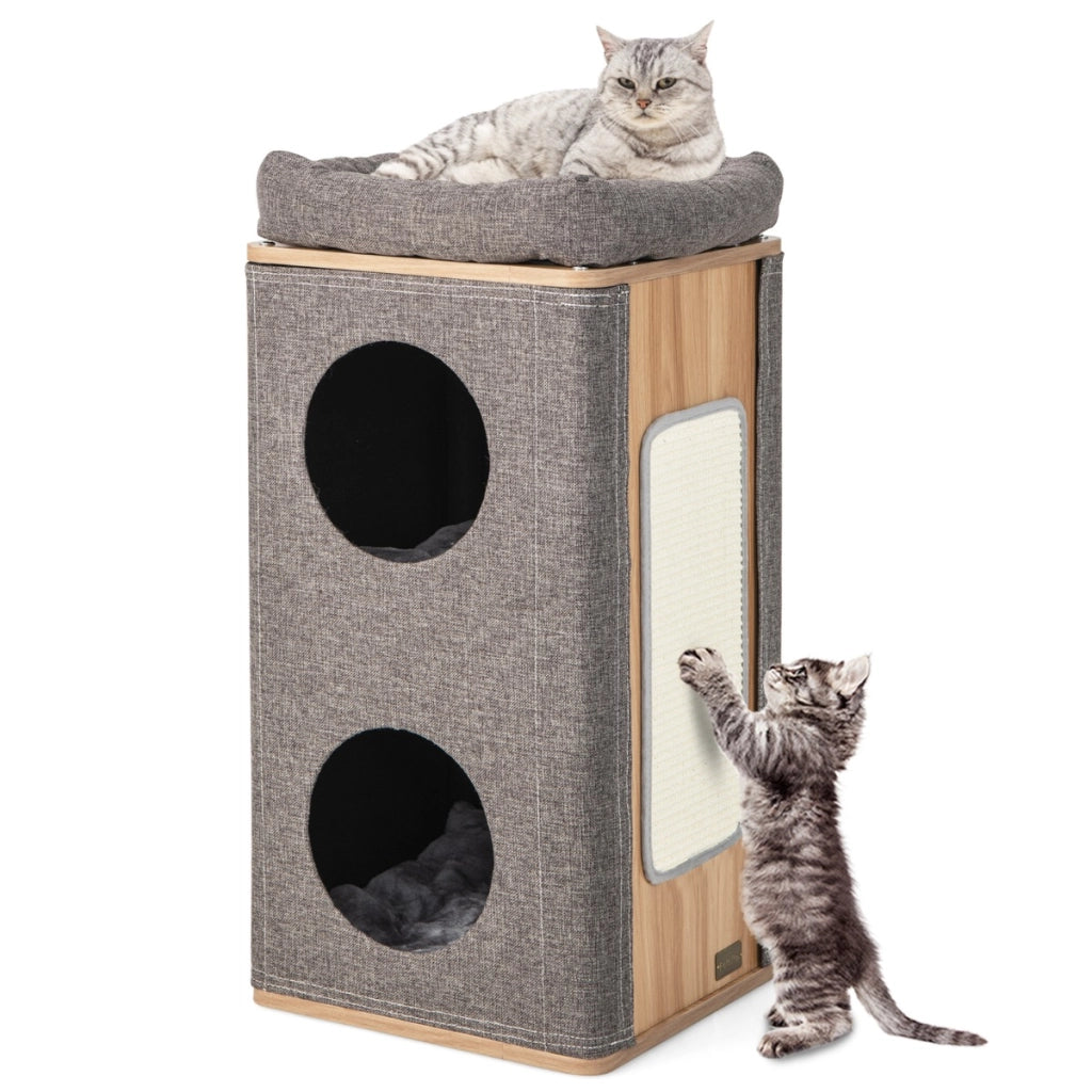 Casetta per gatti a 3 piani con tiragraffi 2 scomparti coperti cuccia 3 materassini, Casa gatti moderna Grigio-Lettini e divanetti