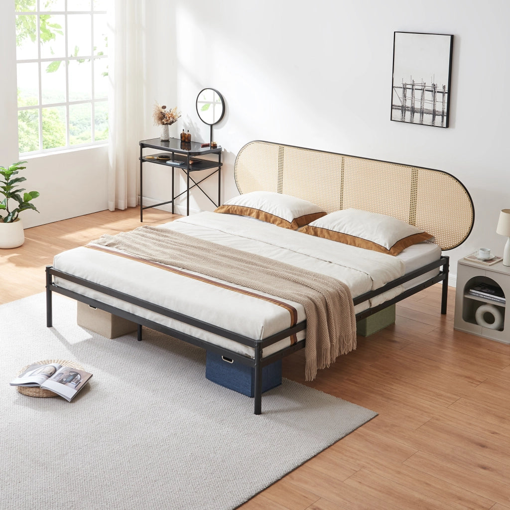 Letto Matrimoniale Linköping con Materasso 180x200 cm e Testiera Ovale Effetto Rattan [en.casa]
