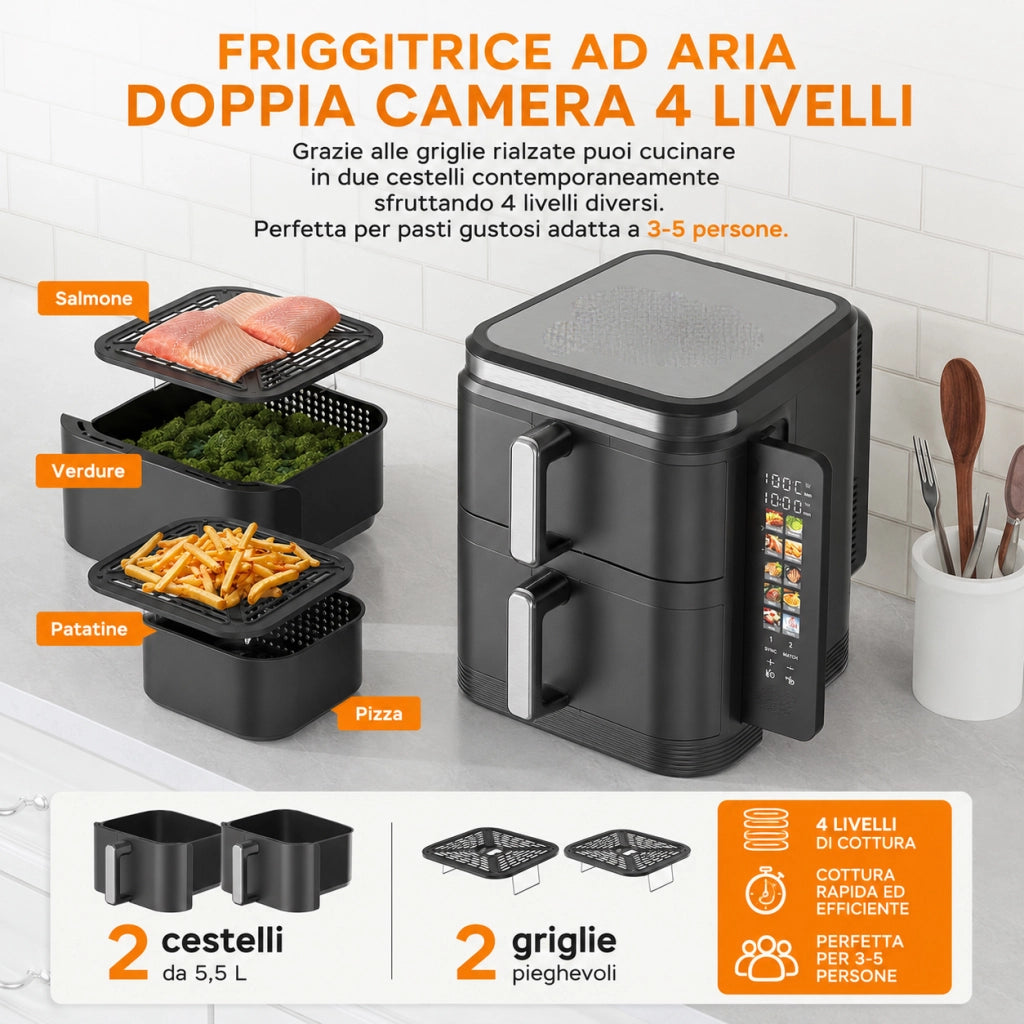Friggitrice ad Aria 11 Litri Doppio Cestello 2800W, 5,5+5,5L con Separatori, 4 Piani di Cottura, Display LED Touch Richiudibile, 12 Programmi, Doppia Cottura Indipendente, Timer, 60-200°C