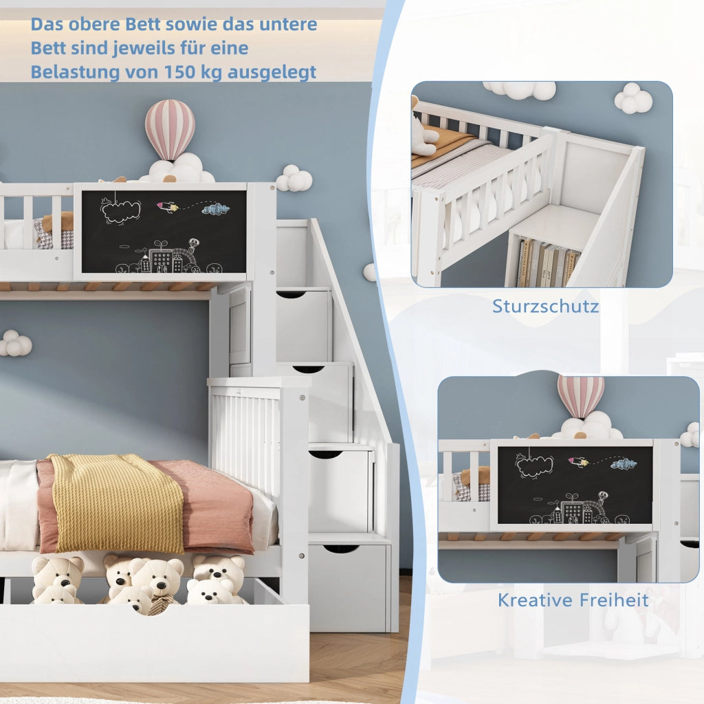 Letto a Castello 90x200 cm; Letto Singolo - Lavagna; Cassetti; Contenitore - Bianco