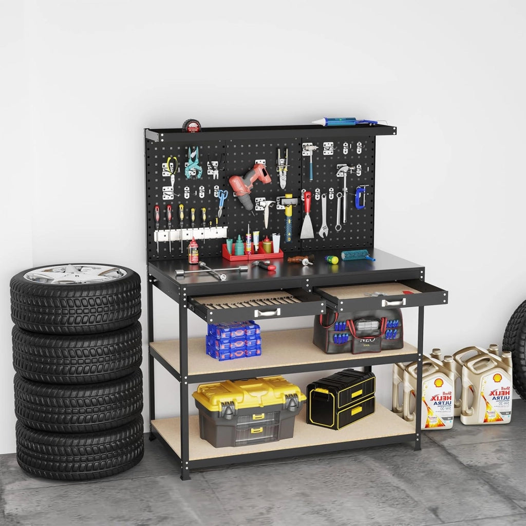 Banco da Lavoro con Piano da 120 x 60 cm, Banco da Lavoro Officina con Pannello Forato e 24 Ganci Porta Attrezzi, Tavolo da Lavoro per Garage con 2 Cassetti e 2 Mensole (Nero)