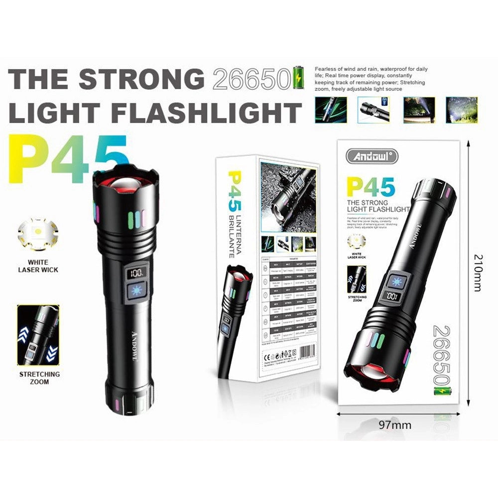 Trade Shop - Torcia Led Ricaricabile Portatile Potente Luce Laser Bianca Impermeabile Zoom Telescopico P45 -
