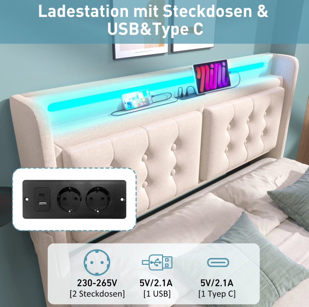 Letto imbottito beige 160 x 200 cm con LED, ricarica e quattro cassetti