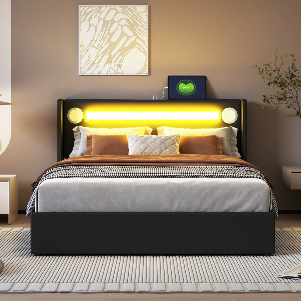 Letto Contenitore Imbottito con LED 140x200 ¨C MINIMAL ¨C Similpelle Nero, Rete a Doghe