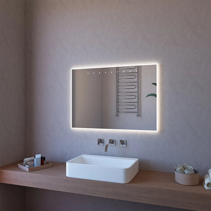 Specchiera LED 100x70 con punti superiori sabbiati e illuminazione perimetrale