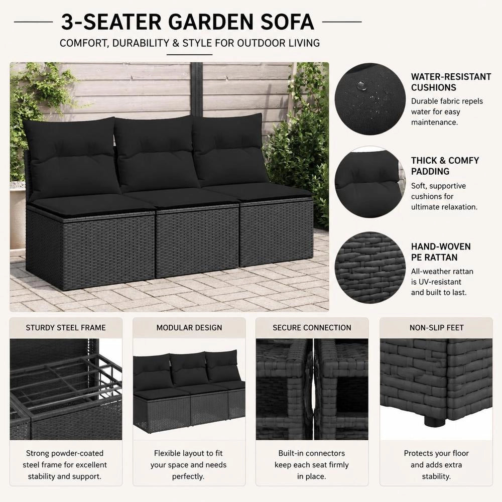 Garden Sofa With Cushions 3-seater Black Poly Rattan
