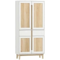 Credenza da cucina alta  con 4 ante, 2 cassetti e mensole regolabili, 80x35x170cm, Bianco e quercia