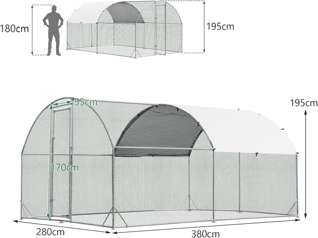 Pollaio per Galline da Esterno, Recinto per Polli in Metallo Zincato con Copertura in PE, Abitazione a Forma di Cupola per Anatre e Conigli per Cortile e Fattoria