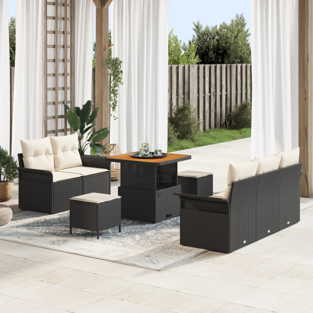 Set di divani da giardino  8 pezzi con cuscini in polirattan nero e acacia