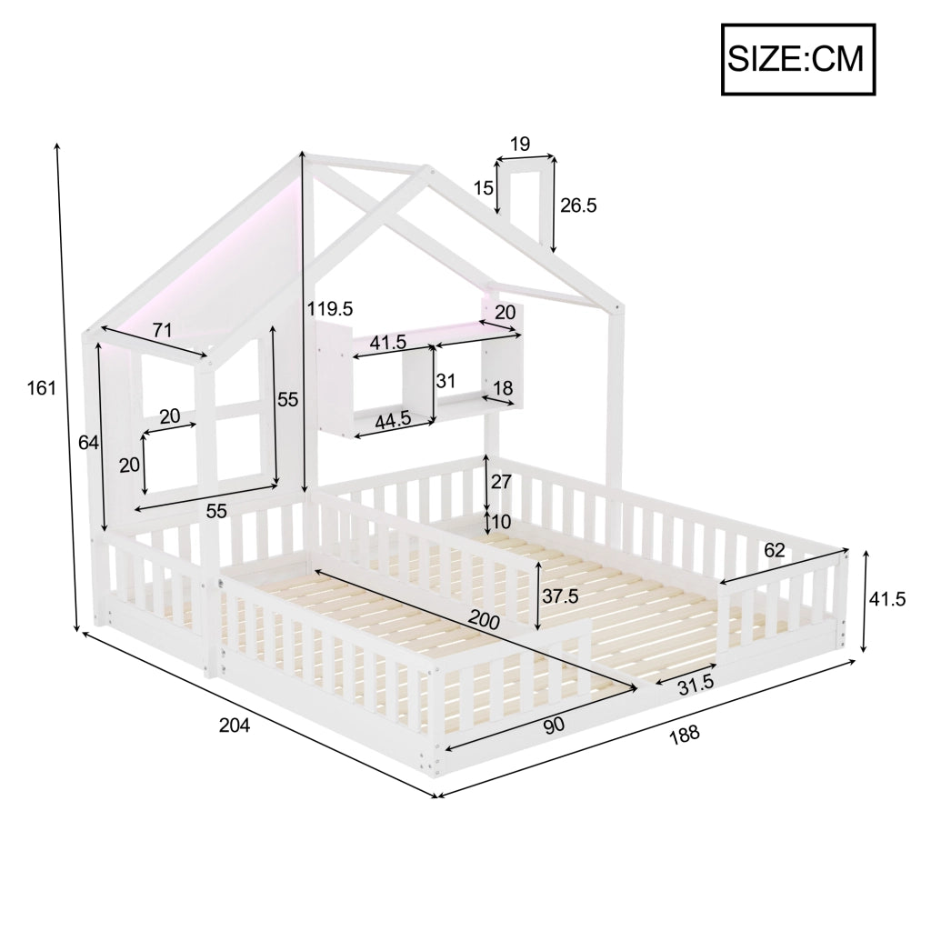 Letto a casetta 90 × 200 cm doppio affiancato con LED; ripiani e rete a doghe in legno bianco