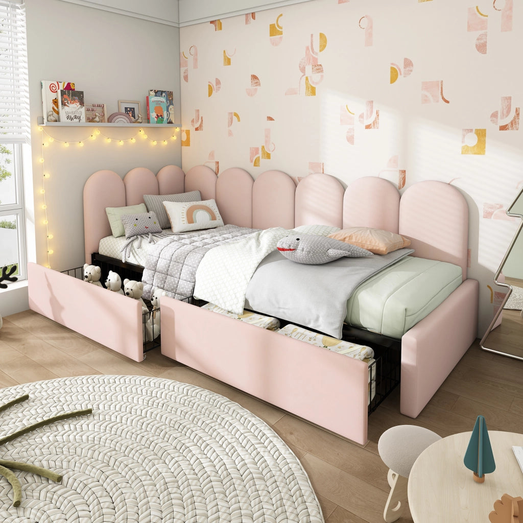 Letto singolo con cassettoni in velluto rosa 90x200 cm