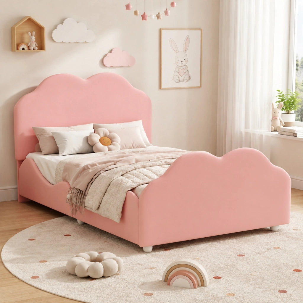 DESMIU Letto per Bambini Singolo con Sponda e Testiera Regolabile 90 × 200 cm, senza materasso, Rosa, Imbottito