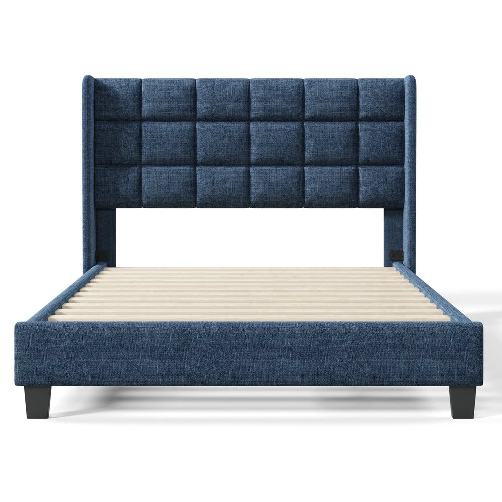 Letto imbottito matrimoniale con rete a doghe ¨C Minimal ¨C Blu lino 140x200 cm