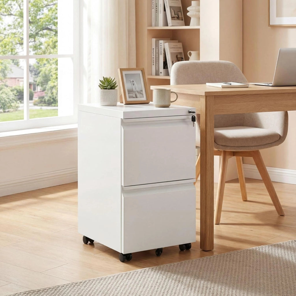 Cassettiera per Ufficio con 5 Ruote, Cassettiera per Archivio in Acciaio con 2 Cassetti, 2 Barre Appendicartelle Regolabili e Serratura, 2 Colori (Bianco)