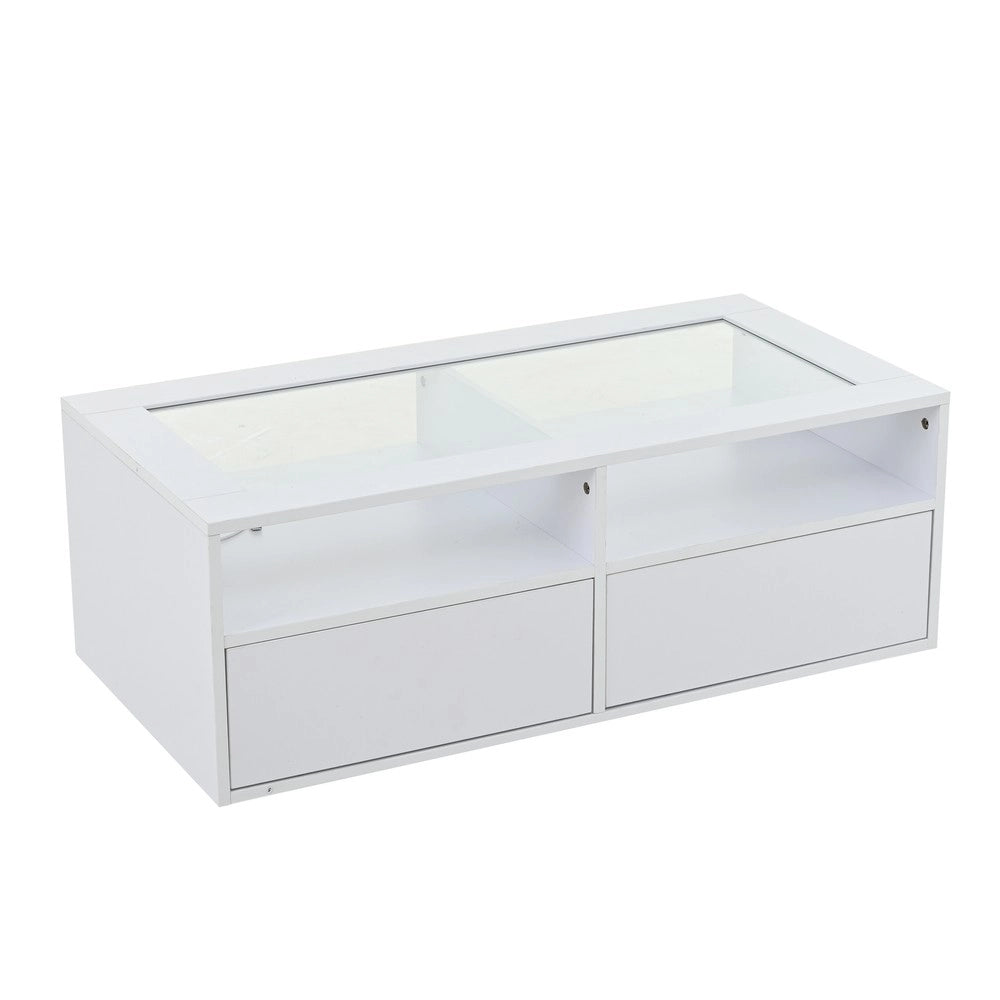Tavolino da Caff¨¨ con LED e 2 Cassetti ¨C MINIMAL ¨C Vetro Bianco, Doppio Piano, 100x50x35